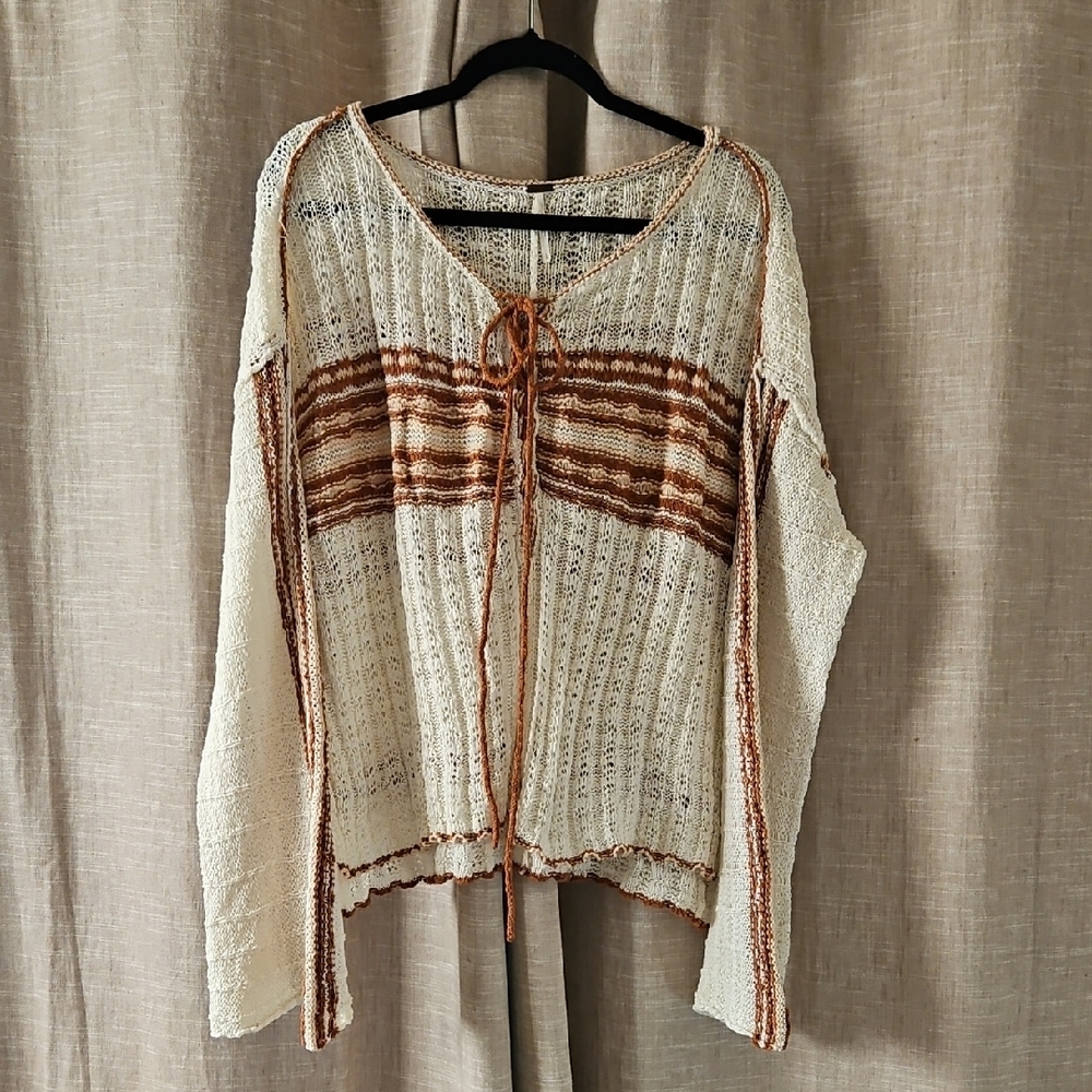 Free People Marina Bay Crochet Knit Lace-Up Cream Pullover Sweater